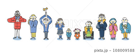 年頭にあたり神社で手を合わせて熱心に祈る人々　イラスト素材				 108009588