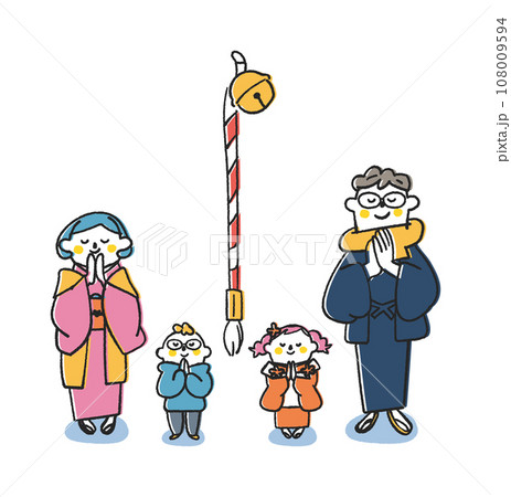 お正月に手を合わせて参拝する家族連れ　イラスト素材	 108009594