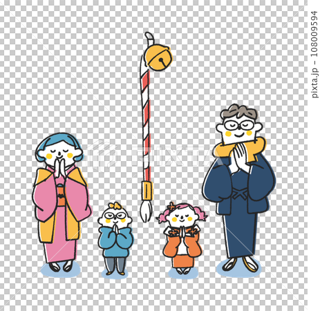 お正月に手を合わせて参拝する家族連れ　イラスト素材	 108009594