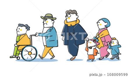 着物姿や正装で初詣に参拝する3世代の家族　妻が乗った車いすを押すおじいさんを含む　イラスト素材 108009599