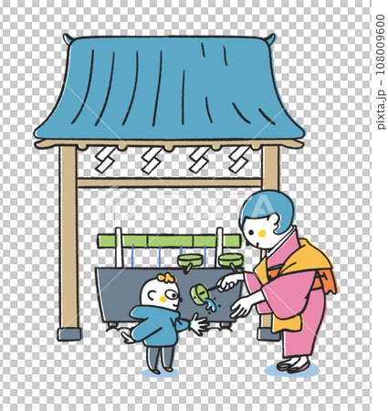 父母和孩子在神社用水淨化自己的插圖素材 父母和孩子在神社用水淨化自己的插圖素材 108009600