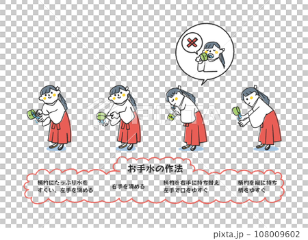 Illustration material of a shrine maiden demonstrating the etiquette steps for washing your hands Illustration material of a shrine maiden demonstrating the etiquette steps for washing your hands 108009602