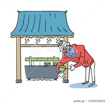 神社のお手水でお清めをしている外国人観光客　イラスト素材 108009605