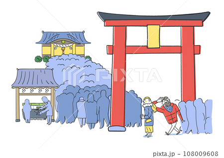 初詣で大混雑する神社へ大きな鳥居をくぐって初詣に参拝する外国人観光客　イラスト素材 108009608