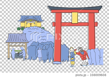 初詣で大混雑する神社へ大きな鳥居をくぐって初詣に参拝する外国人観光客　イラスト素材 108009608