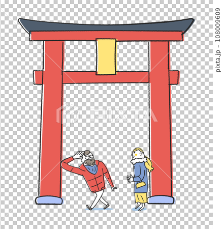 Foreign tourists passing through a large torii gate to visit the shrine on New Year's visit - Illustration material Foreign tourists passing through a large torii gate to visit the shrine on New Year's visit - Illustration material 108009609