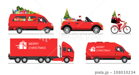 Set of Santa Claus driving a red courier van. Set of Santa Claus driving a red courier van. 108010234