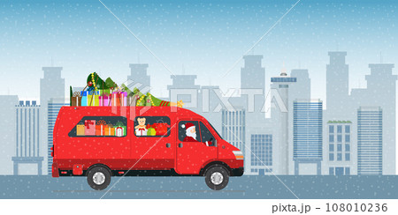 Santa Claus driving a red courier van and delivering gifts in the city street. Santa Claus driving a red courier van and delivering gifts in the city street. 108010236