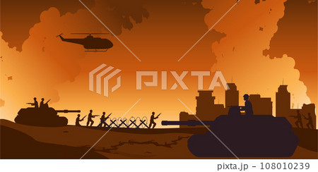 Landscape with destroyed city and barbed wire. Landscape with destroyed city and barbed wire. 108010239