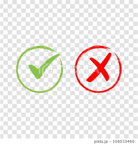 Check mark icon and cross sign isolated on transparent grid background Check mark icon and cross sign isolated on transparent grid background 108010460