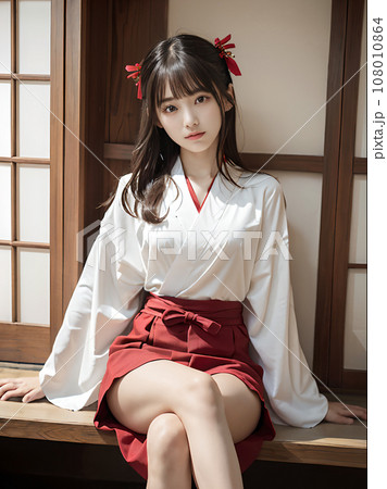AI画像　神社の境内で縁側に座る巫女装束の若い女性 108010864