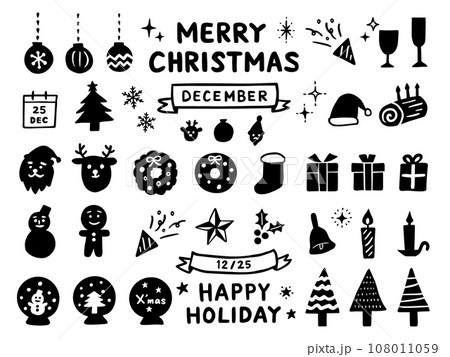 手描きのクリスマスアイコンセット　モノクロ 108011059