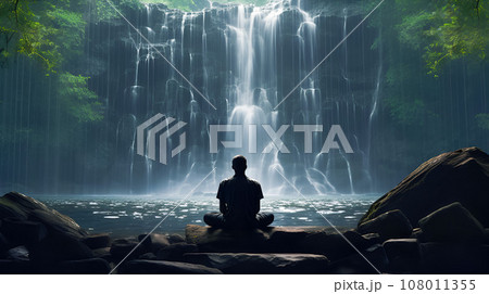 Silhouette of a man meditating on beautiful waterfall 108011355