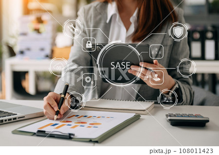 SASE Secure Access Service Edge concept Hand touching Secure Access Service Edge icon on virtual screen background, password, network, framework and support technology in office. 108011423