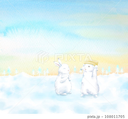 みみ冬の風景 水彩画　雪うさぎと雀さん　値段は※900円です 雪原でうさぎがプレゼントを贈る風景イラスト。水彩画を用いて冬の