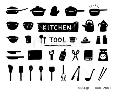 手描きのキッチンアイコンセット　モノクロ 108012001