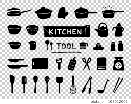 Hand-drawn kitchen icon set monochrome 108012001