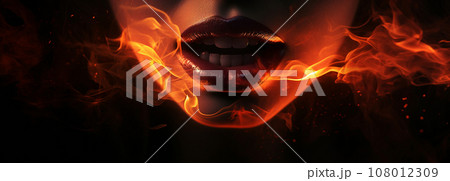 AI-generated content. Banner with womans lips in burning flame on black background AI-generated content. Banner with womans lips in burning flame on black background 108012309
