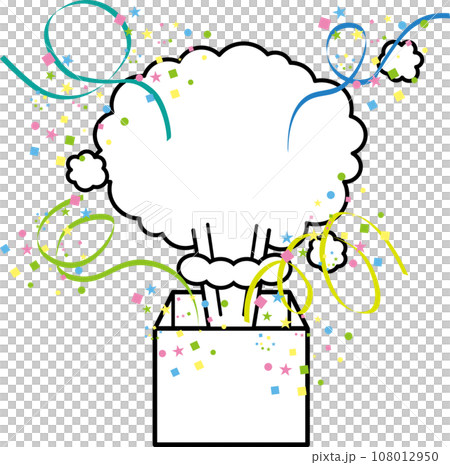 A smoke-shaped frame pops out of a box with confetti and tape. A smoke-shaped frame pops out of a box with confetti and tape. 108012950