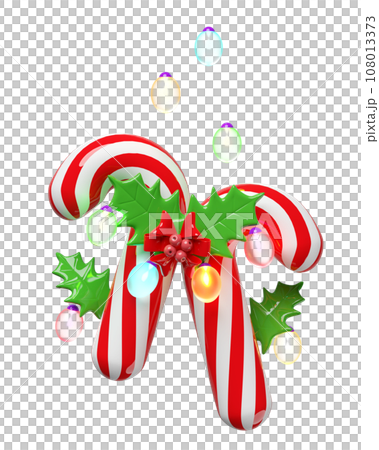 candy cane with red bow, holly berry leaves, glass transparent lamp. merry christmas and happy new year, 3d render illustration candy cane with red bow, holly berry leaves, glass transparent lamp. merry christmas and happy new year, 3d render illustration 108013373