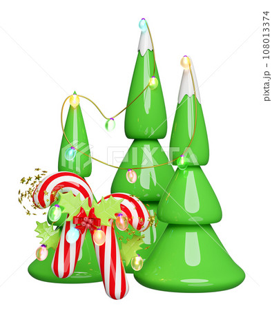 candy cane with red bow, holly berry leaves, christmas tree, glass transparent lamp garlands. merry christmas and happy new year, 3d render illustration 108013374