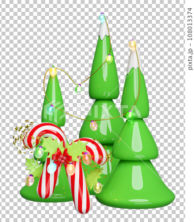 candy cane with red bow, holly berry leaves, christmas tree, glass transparent lamp garlands. merry christmas and happy new year, 3d render illustration 108013374