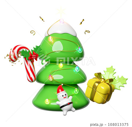christmas tree with Santa Claus,   candy cane with red bow, holly berry leaves, glass transparent lamp garlands, gift box. merry christmas and happy new year, 3d render illustration 108013375