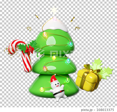 christmas tree with Santa Claus,   candy cane with red bow, holly berry leaves, glass transparent lamp garlands, gift box. merry christmas and happy new year, 3d render illustration 108013375