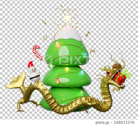 3d gold dragon with christmas tree, glass transparent lamp garlands, gift box, santa claus. merry christmas and happy chinese new year, 3d render illustration 3d gold dragon with christmas tree, glass transparent lamp garlands, gift box, santa claus. merry christmas and happy chinese new year, 3d render illustration 108013376