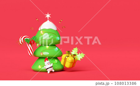 christmas tree with Santa Claus,   candy cane with red bow, holly berry leaves, glass transparent lamp garlands, gift box. merry christmas and happy new year, 3d render illustration 108013386