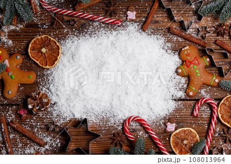 Christmas food on wood background 108013964