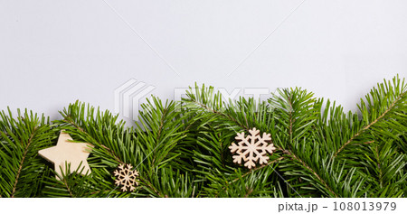 Fir tree branch frame on white 108013979