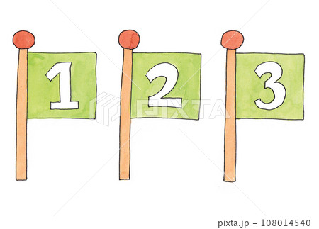 水性ペンと透明水彩絵の具で描いた白字123の黄緑色旗のイラストセット 108014540