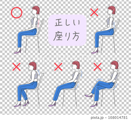 良い姿勢と悪い姿勢で椅子に座っている女性のイラストセット 良い姿勢と悪い姿勢で椅子に座っている女性のイラストセット 108014781