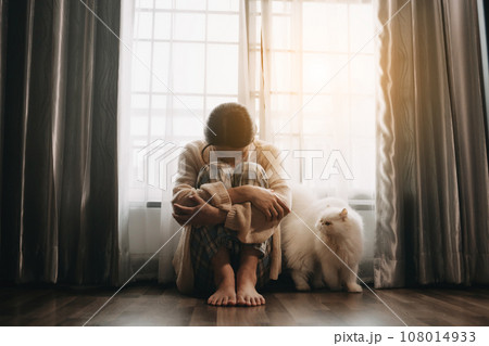 woman sit Depression Dark haired  pensive glance Standing by window and anxiety Copy space. .. 108014933