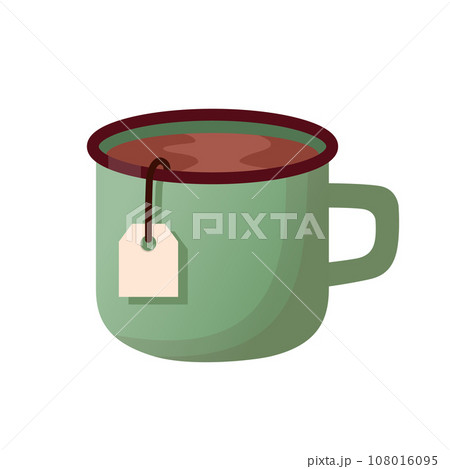 Green mug of tea with tea bag illustration. Aluminum mug scandinavian minimalism style. Flat cartoon style. Vector illustration 108016095