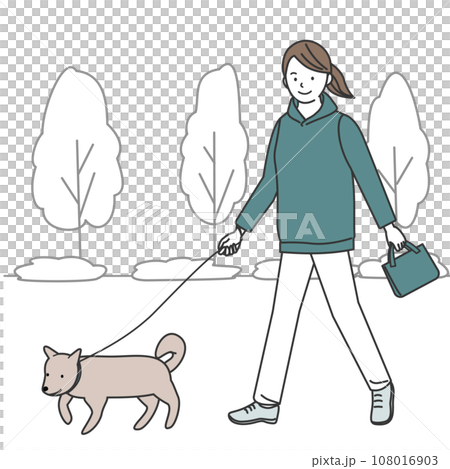 A woman walking a dog A woman walking a dog 108016903