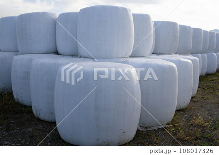 積み上げられたロールベールラップサイロ 積み上げられたロールベールラップサイロ 108017326