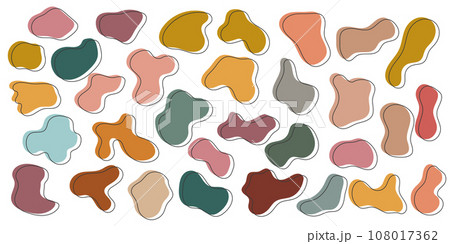 Amoeba blob, organic abstract shape. Set of Liquid amorphous shapes, fluid blotch pastel color with black line. 108017362