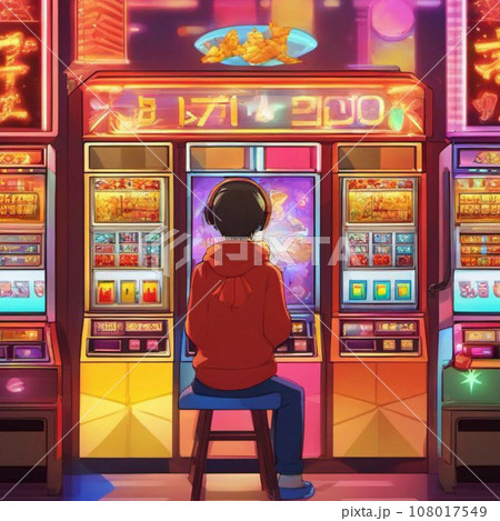 カジノ・スロット店でスロットをしている男性イラスト 108017549
