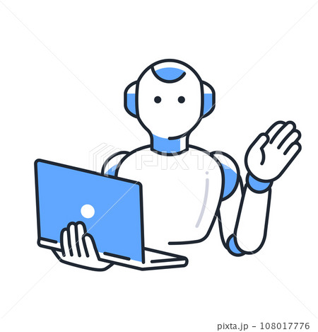 ノートパソコンを持って案内するヒューマノイド型AIロボットのシンプルなベクターイラスト素材 108017776