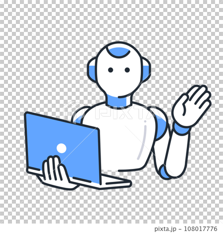 A simple vector illustration material of a humanoid AI robot holding a laptop and guiding you 108017776