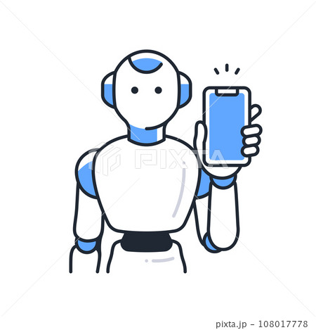 スマートフォンを持つヒューマノイド型AIロボットのシンプルなベクターイラスト素材 108017778