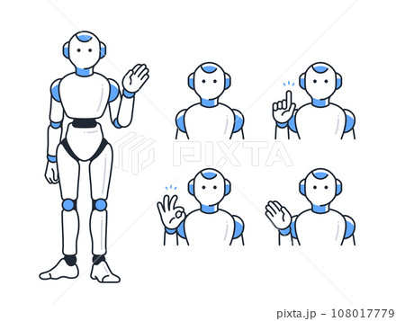 様々なポーズのヒューマノイド型AIロボットのシンプルなベクターアイコンイラストセット素材 108017779