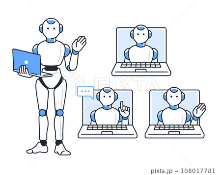 pcとヒューマノイド型AIロボットのシンプルなベクターイラストセット素材 pcとヒューマノイド型AIロボットのシンプルなベクターイラストセット素材 108017781