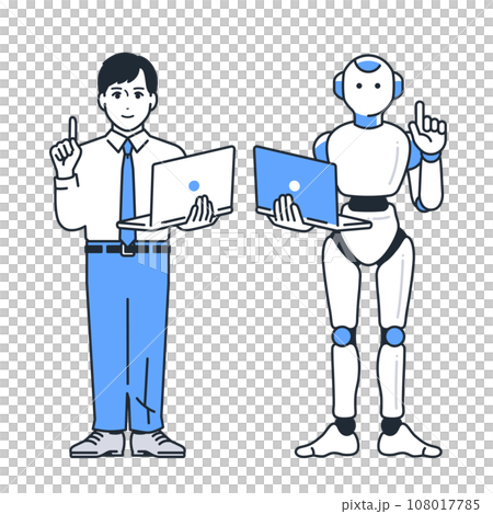 Simple vector illustration set material of an AI robot and a young businessman standing with a laptop Simple vector illustration set material of an AI robot and a young businessman standing with a laptop 108017785