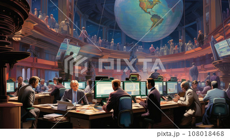 Panoramic view to trading floor of the stock exchange 108018468