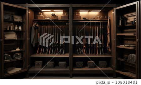Safe for firearms. The inside of a gun cabinet. Safe storage of rifles, carbines, pistols. Black interior and gun holders. Safe for firearms. The inside of a gun cabinet. Safe storage of rifles, carbines, pistols. Black interior and gun holders. 108018481