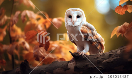 Barn owl sit on stump in autumn forest - Tyto alba Barn owl sit on stump in autumn forest - Tyto alba 108018487