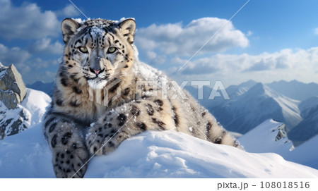 Snow leopard with long taill, sitting in nature stone rocky mountain habitat 108018516
